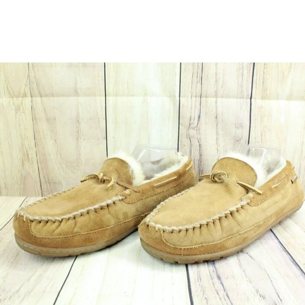 LL Bean Brown Suede Wicked Good Shearling Lined Moccasin Slippers Size 11 M - Picture 9 of 9